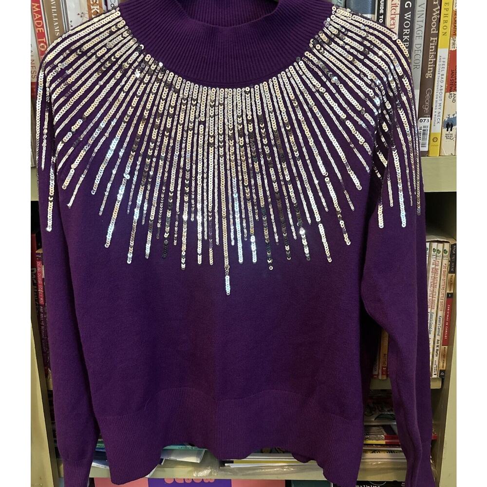 Oliver O Purple Silver Sequin Sweater Mock Neck Small S Super Soft